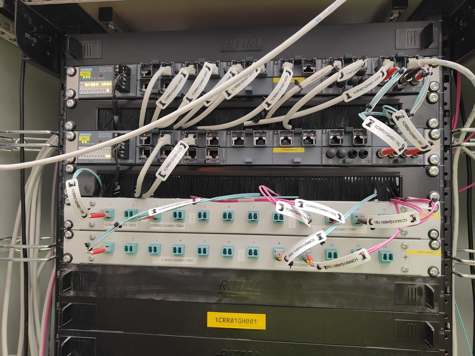 Baie réseau industriel avec switches et fibres optiques
